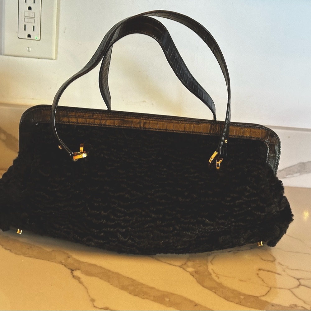 Kate Spade “Zhivago” Satchel Bag, Black Faux Lambswool/Croc Trim, Brass Logo Hw